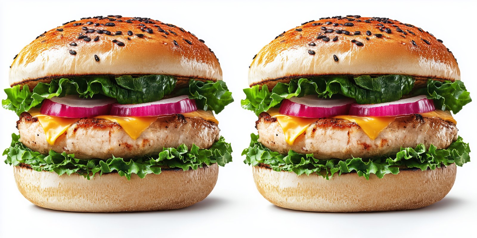 Juicy grilled chicken burgers with fresh toppings served on a sesame seed bun in a bright setting
